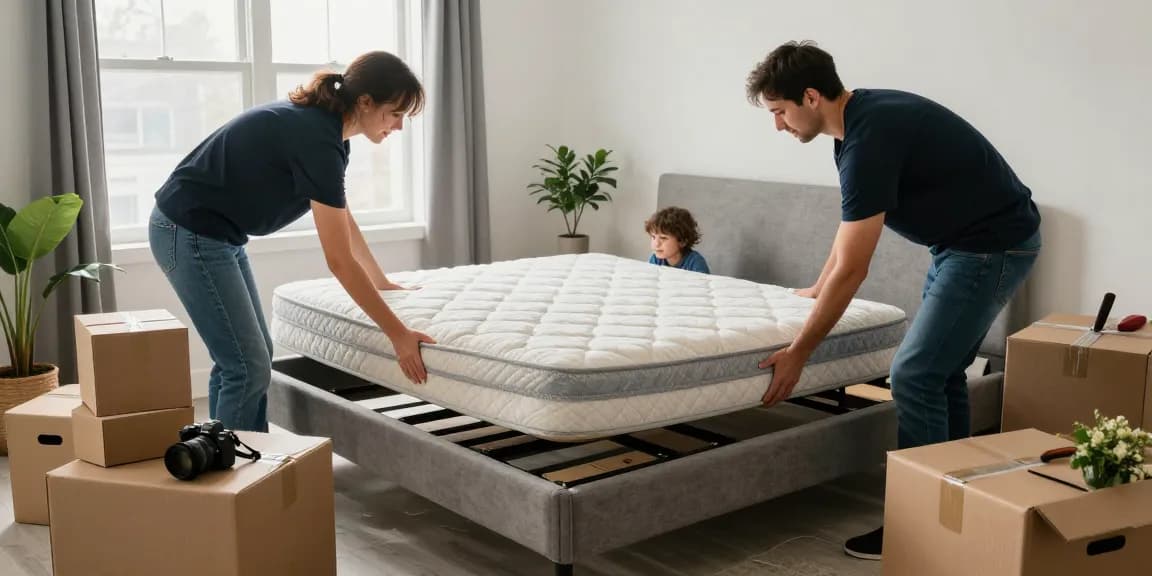 Family preparing for Vancouver mattress removal, lifting an old mattress in a bright home with moving boxes and warm decor.