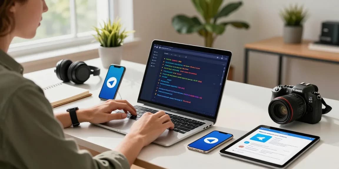 Configuring Telegram中文 settings on a laptop in a modern home office with tech gadgets.