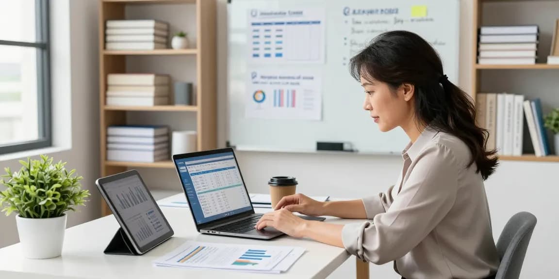 Small business owner using accounting software for small business at a modern desk, analyzing financial data with documents and charts.