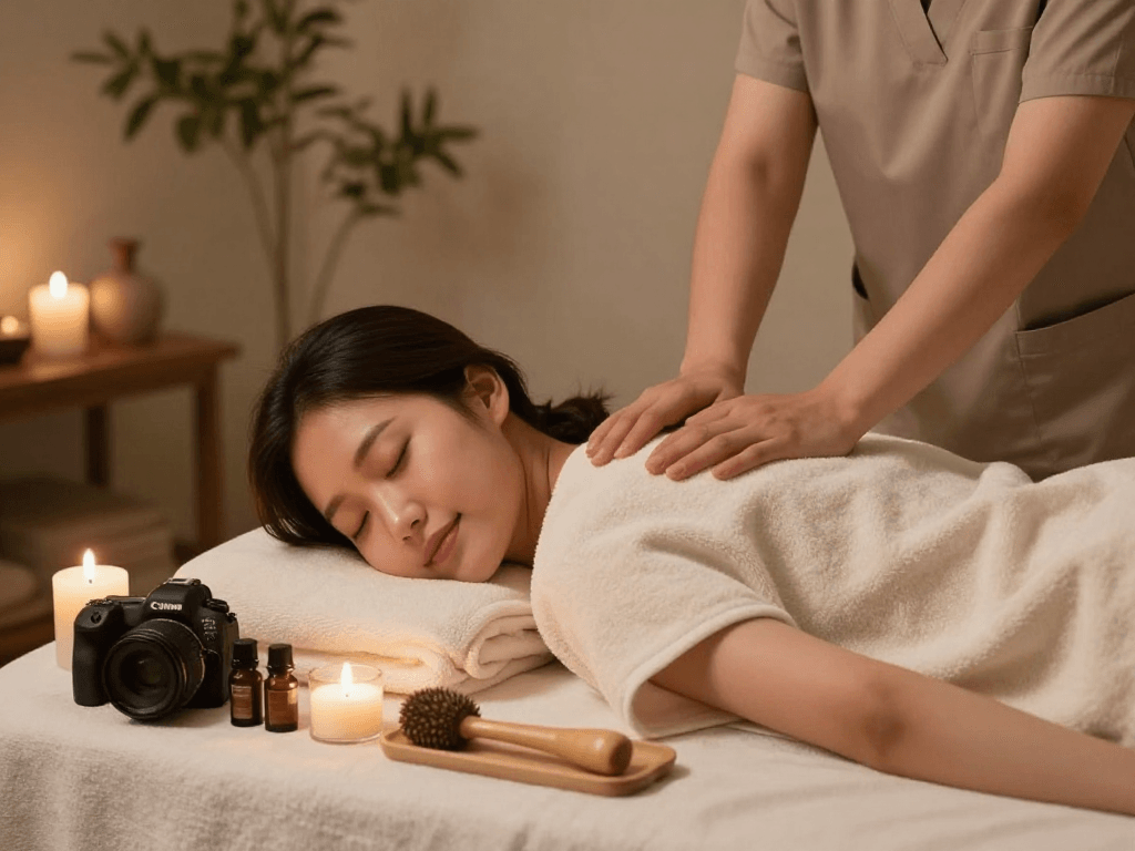 Enjoying a soothing 안양출장마사지 experience in a serene home spa setting.