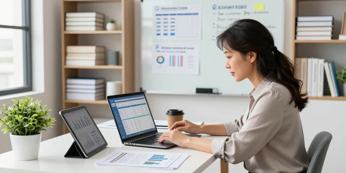 Small business owner using accounting software for small business at a modern desk, analyzing financial data with documents and charts.