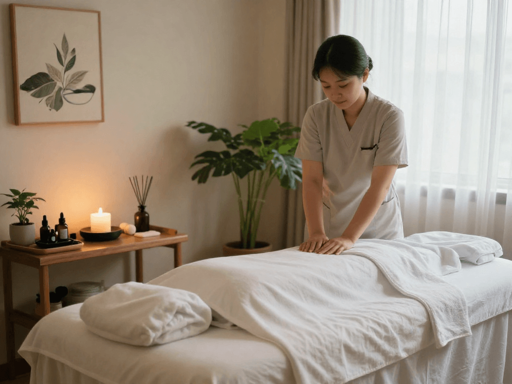 Relaxing wellness massage therapy room setting for 의왕출장안마 with calming atmosphere and essential oil diffusers.