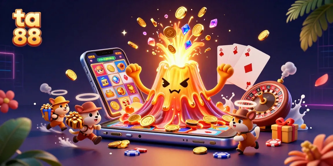 Engage with ta 88 gaming thrill as coins cascade from a 3D volcano amidst vibrant casino elements.