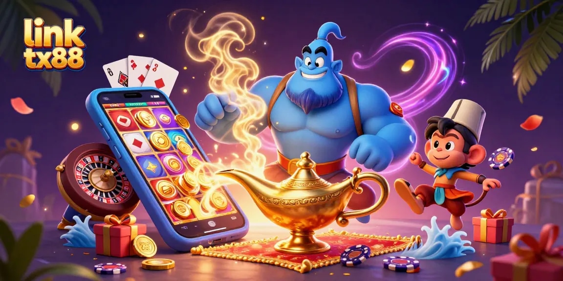 Experience excitement with link tx88 in this vibrant 3D digital casino scene featuring characters and game elements.