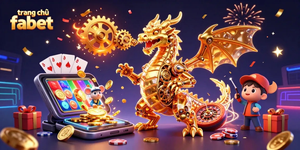 Experience thrilling gaming action at trang chủ fabet with a stunning 3D illustration featuring a golden dragon and casino elements.