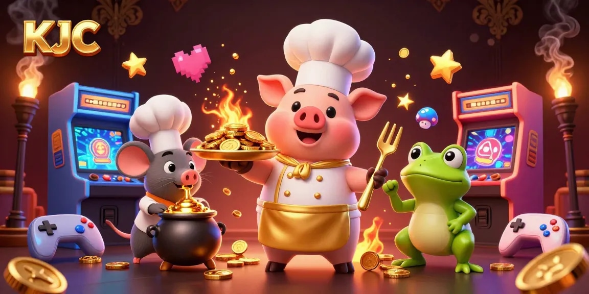 KJC showcases a chef pig serving gold coins in a vibrant casino-themed illustration.