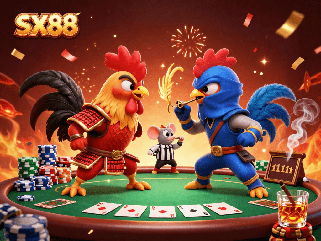 SX88 offers a dynamic casino experience with fighting roosters, poker elements, and vibrant confetti, showcasing competitive gaming.