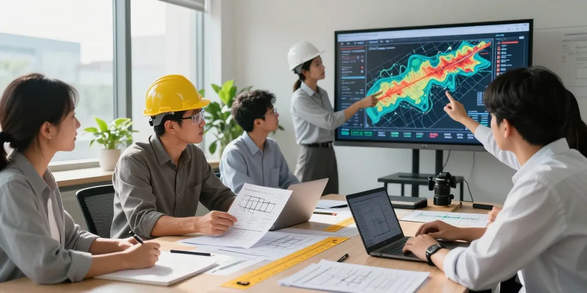 Seismic Design Engineer USA collaborates in an innovative office, analyzing data with advanced tools in a professional environment.