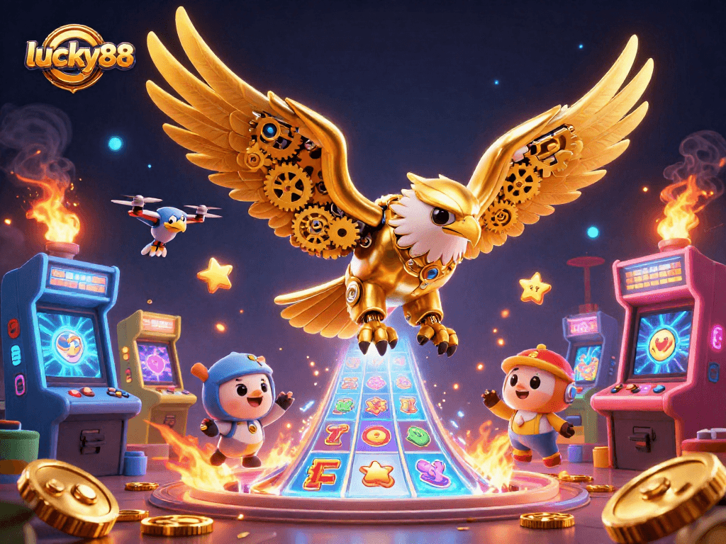 Engage in thrilling gameplay at lucky88 with a cybernetic eagle diving through slot game symbols.