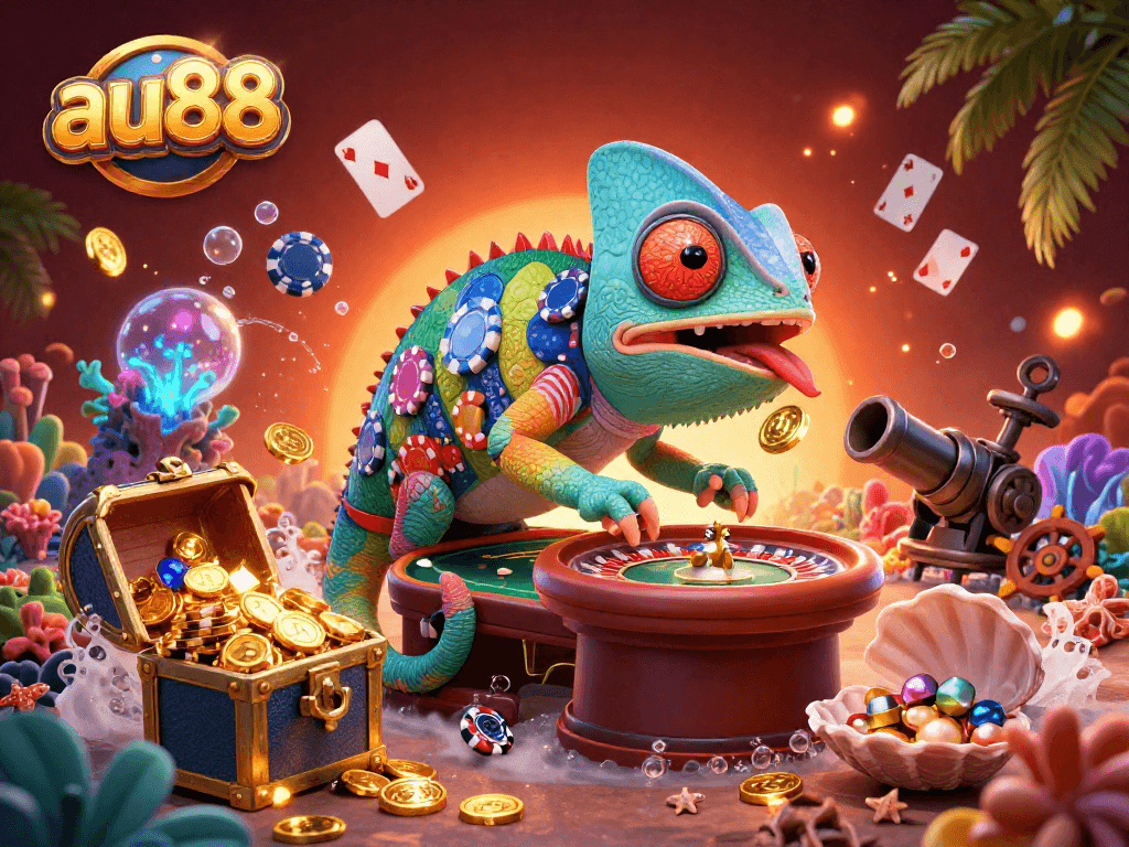 Engage in exciting gameplay at au88 as the cartoon chameleon casino owner collects golden coins amidst vibrant casino elements.