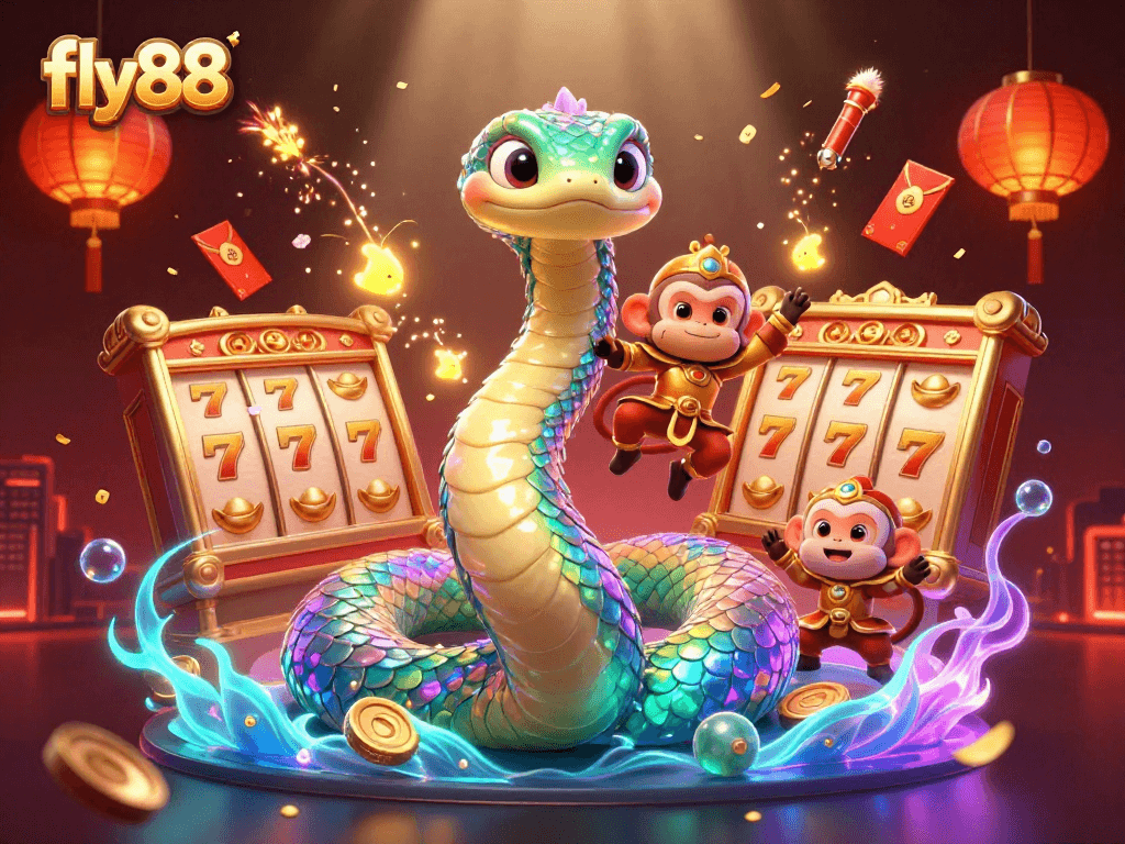Engage in thrilling gameplay with fly88, showcasing a vibrant casino scene of winning slots and enchanting characters.