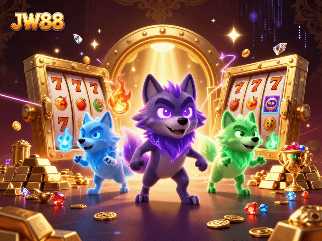 Experience the thrill of JW88 slots as glowing wolf leaders guard treasures in a dazzling 3D scene.