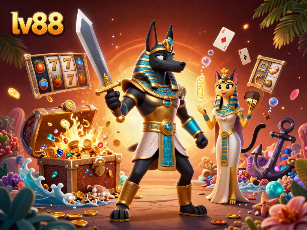 Engage in thrilling games at lv88 with a dynamic scene depicting Anubis and Bastet amid stunning casino elements.