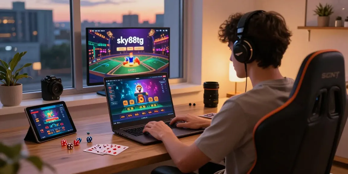 Player engaging on https://sky88tg.com/ casino platform with gaming setup and city skyline.