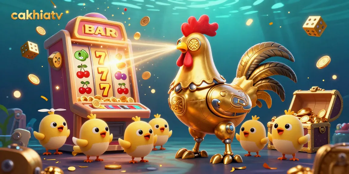 Cakhiatv features a golden rooster robot engaged in a jackpot celebration with coins and slot symbols, bringing excitement to online gambling.