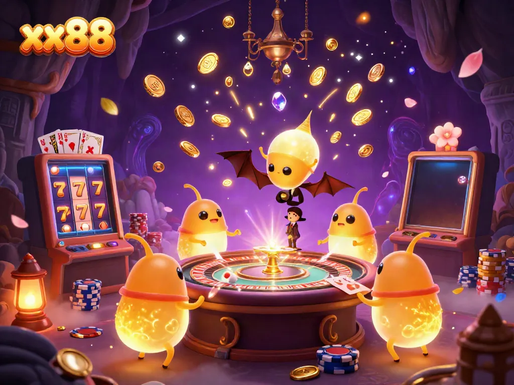 Experience thrilling gaming moments at xx88 with glowing casino elements and vibrant characters in action.