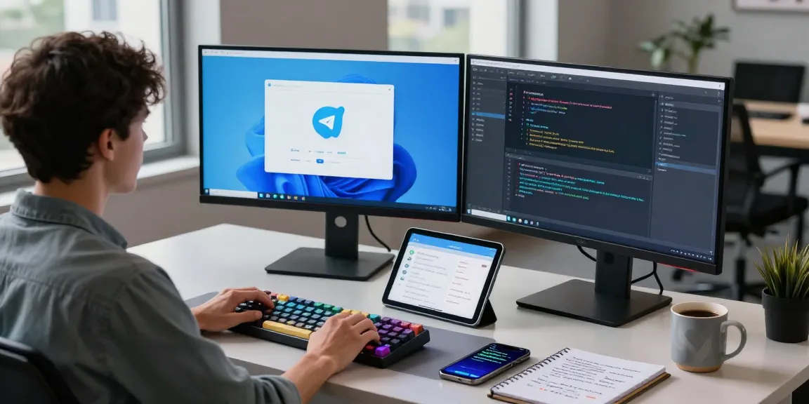 Workspace with developer coding Telegram download interface on dual monitors in a modern office
