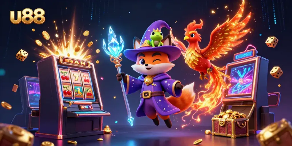 Engaging u88 online casino scene with wizard fox, phoenix, and vibrant jackpot elements.
