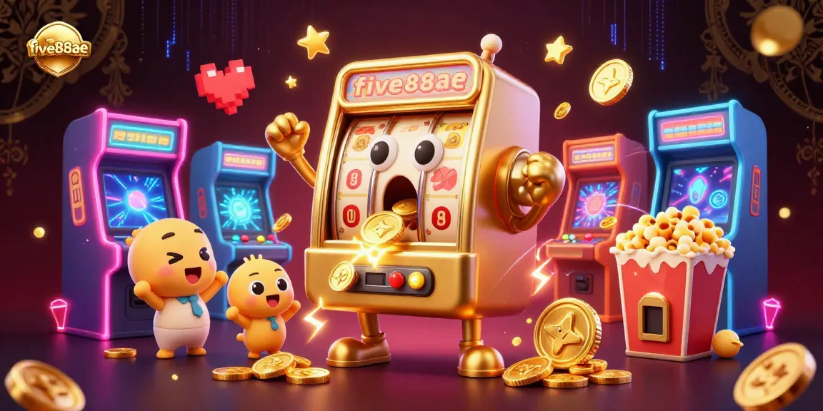 View five88ae jackpot celebration as a golden slot machine hits big, coins flying everywhere in a vibrant casino scene.