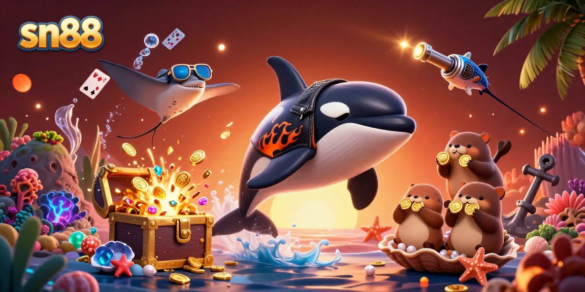Engage with sn88's vibrant gaming experience featuring dynamic sea creatures celebrating wins among treasures.