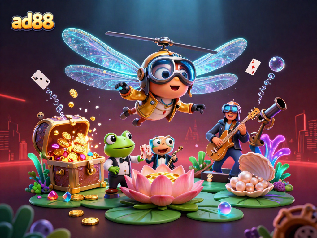 Engage in thrilling gameplay at ad88 with a vibrant casino scene featuring unique characters and dynamic elements.