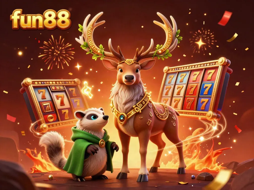 Experience exciting wins with fun88, featuring festive slot games and magical characters in a vibrant 3D scene.