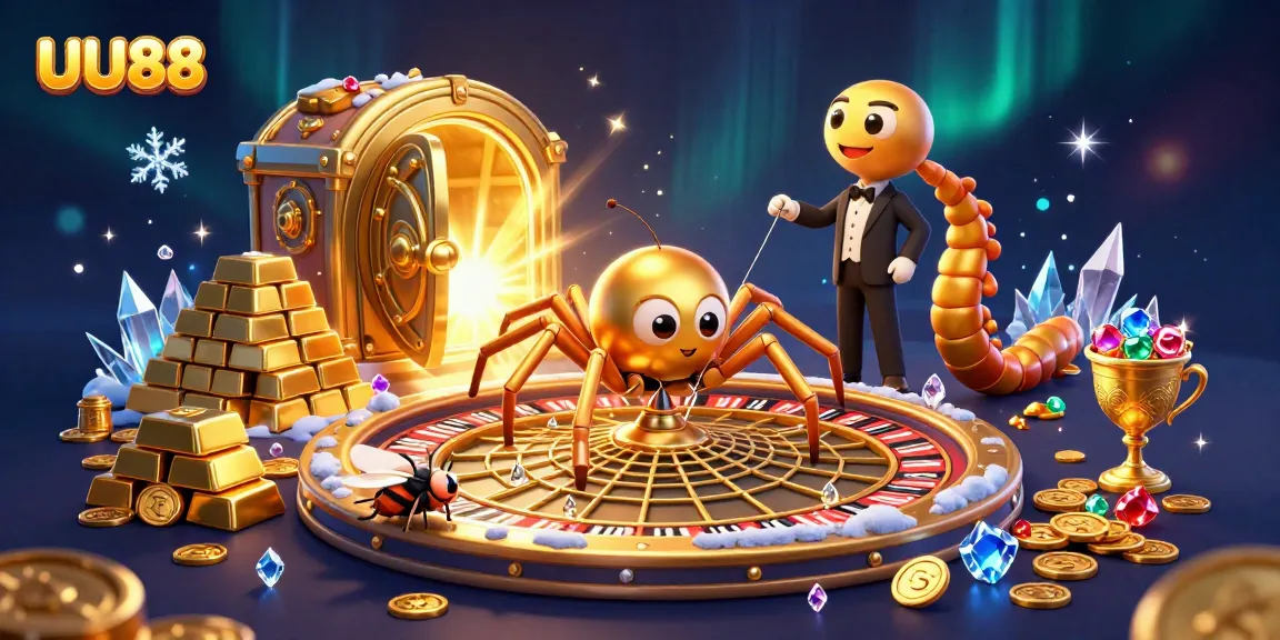 Place bets confidently at UU88 with a golden spider spinning luck amid vibrant casino treasures.