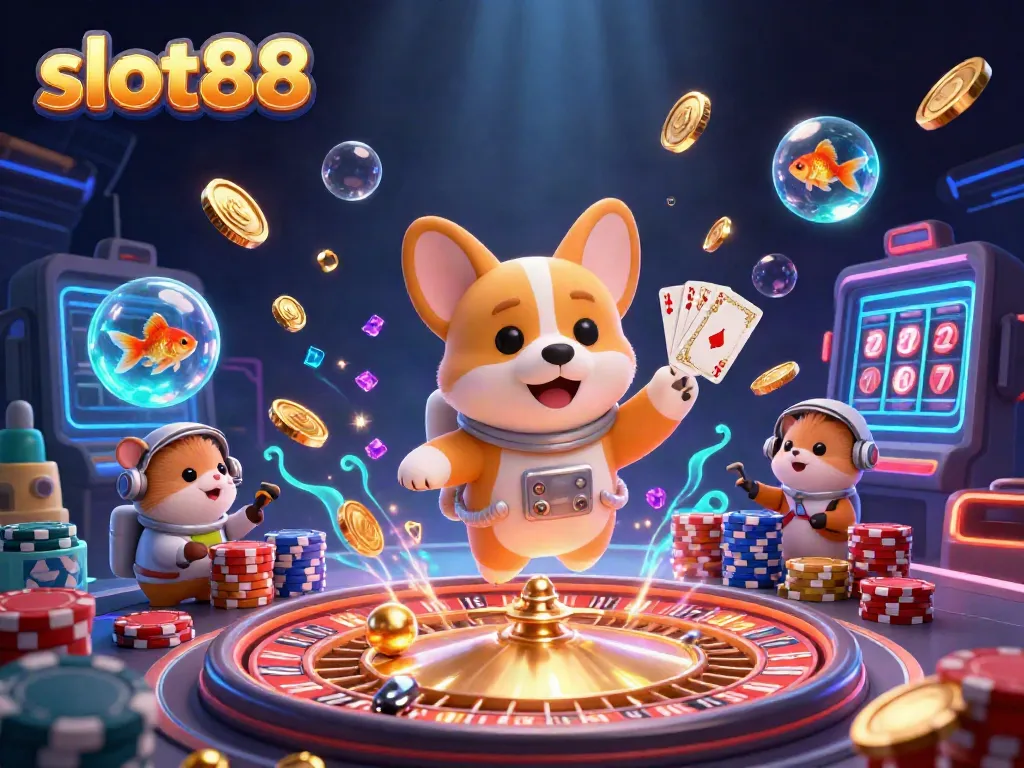 Experience the excitement of slot88 with a lively 3D illustration of a casino space station.