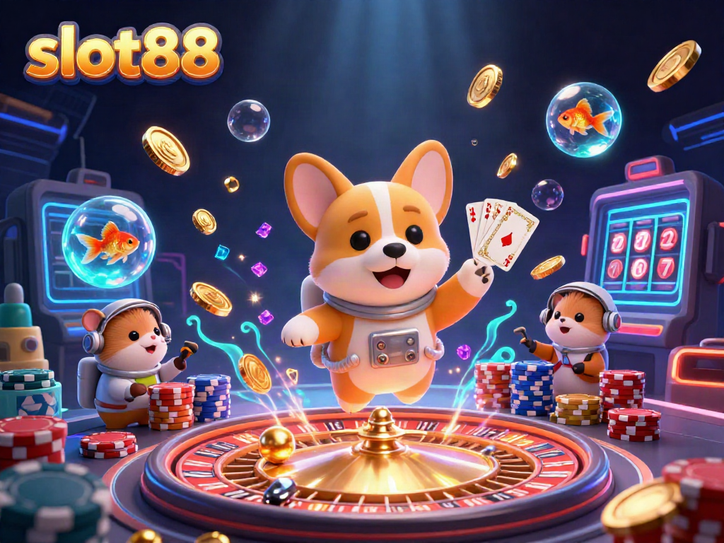 Experience the excitement of slot88 with a lively 3D illustration of a casino space station.