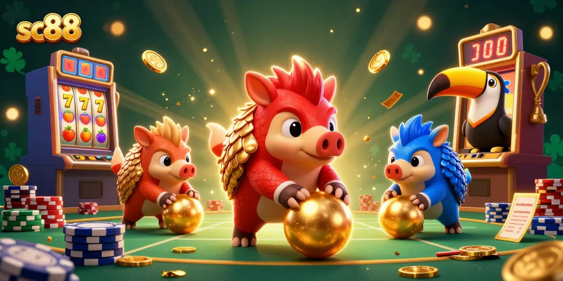 Engage in thrilling gameplay with sc88 as rival pangolins roll golden balls amid slot machines and poker chips.