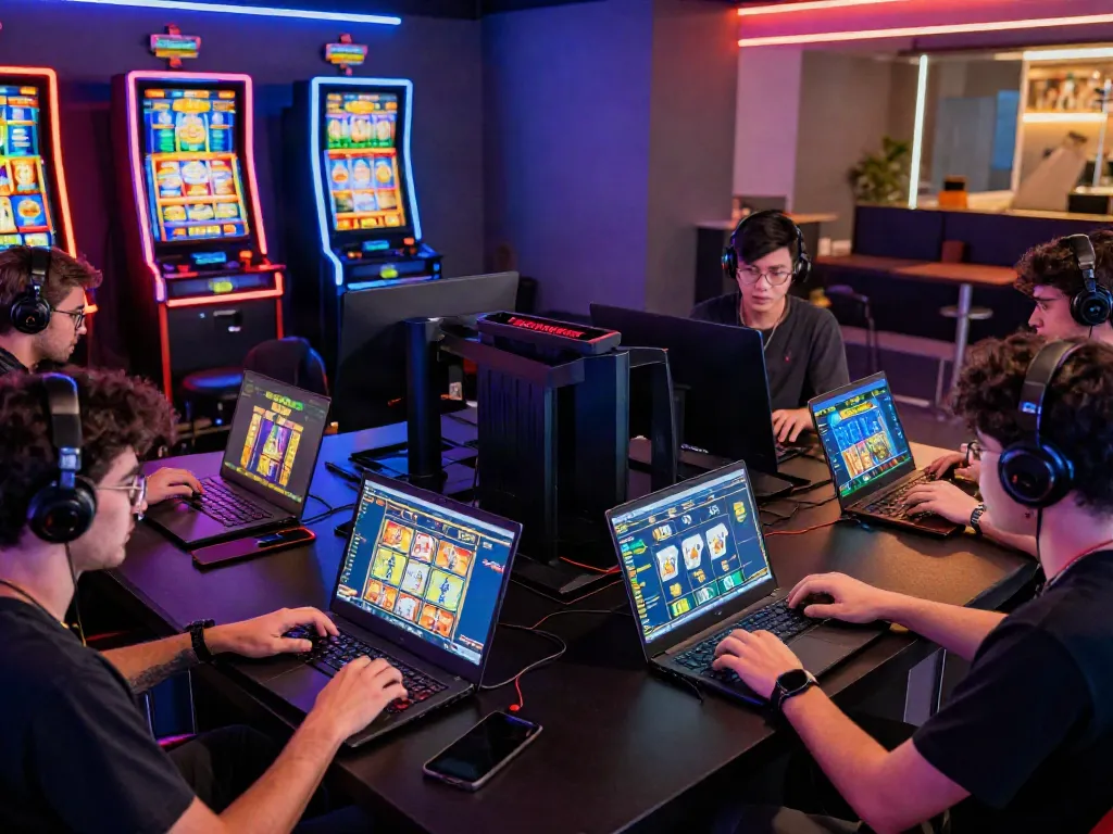 Enthusiastic players enjoying online games at https://du88az.net/ in a vibrant gaming lounge.