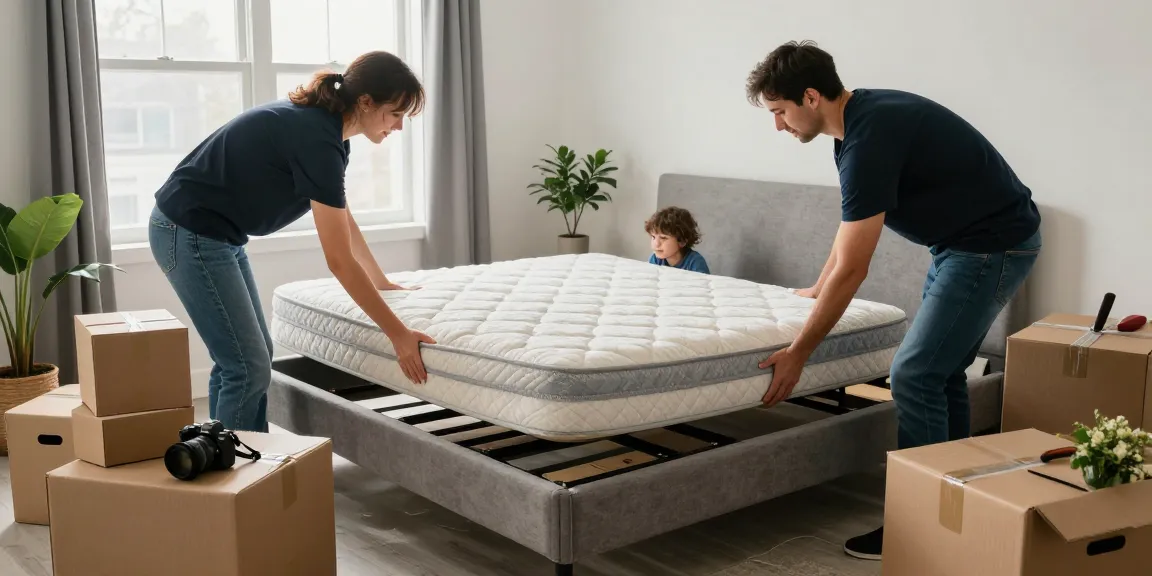 Family preparing for Vancouver mattress removal, lifting an old mattress in a bright home with moving boxes and warm decor.