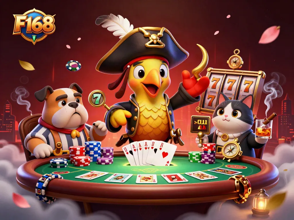 Engage with F168 at a lively casino scene featuring a pirate captain, bulldog, and cat among poker elements.