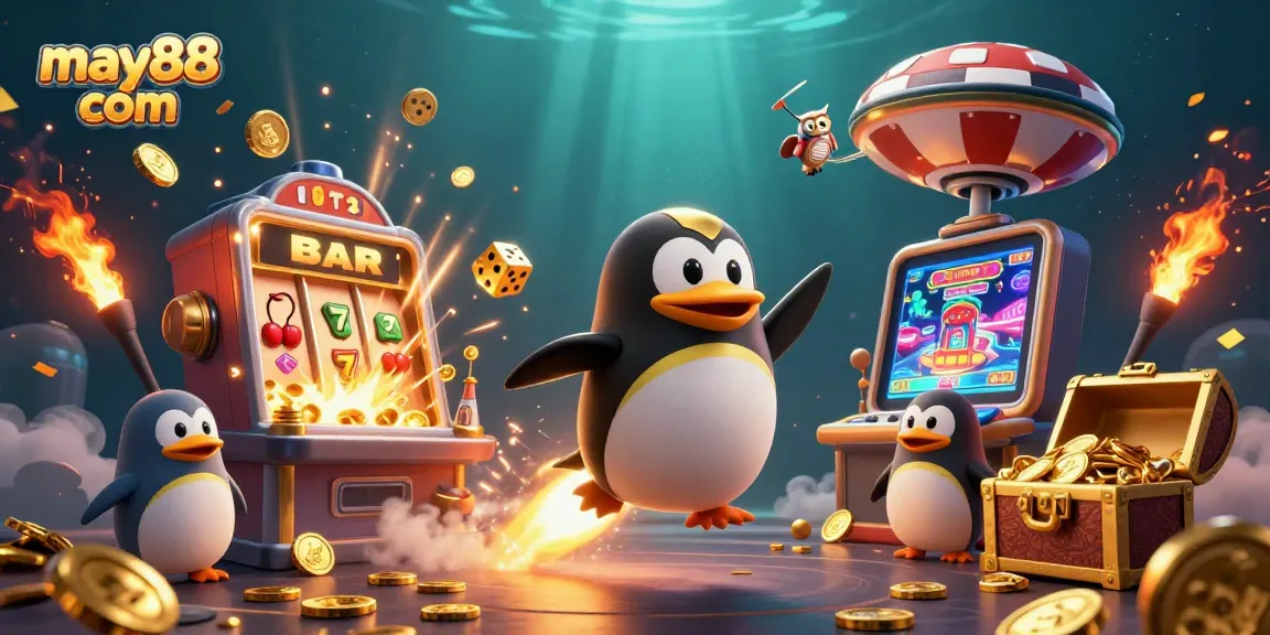 Engage with may88 com as a golden penguin dominates a vibrant casino universe, showcasing thrilling slot games.