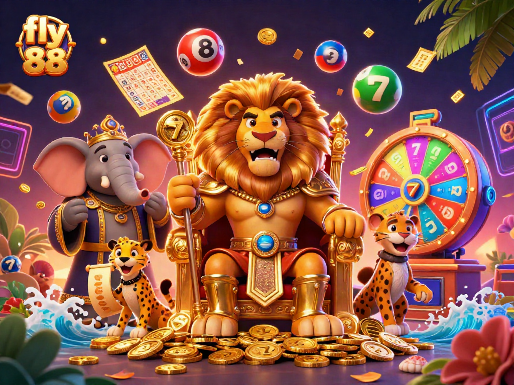 Experience the excitement of fly 88 with a vibrant online casino scene featuring a lion king and dynamic game elements.
