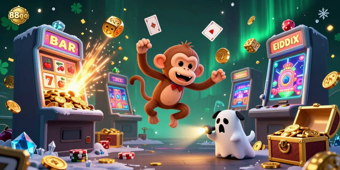 Experience the thrill of 88go in a vibrant casino scene with colorful jackpots and a mischievous monkey.