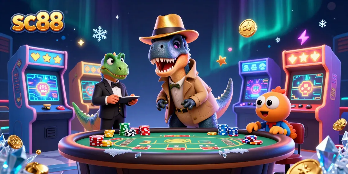Win big with SC88 at a vibrant casino scene featuring 3D characters at a blackjack table.