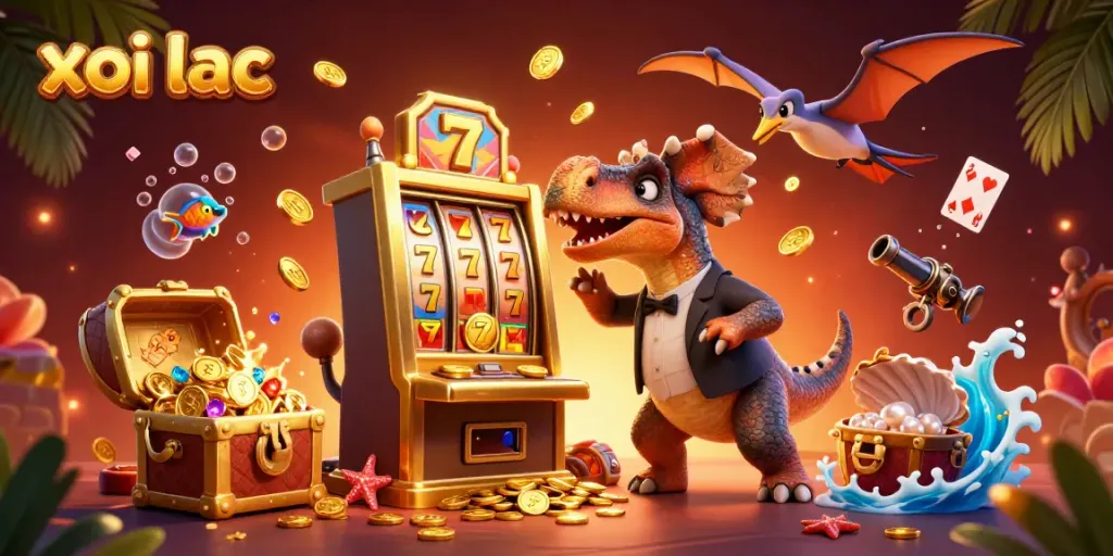 Xoi lac features a cartoon dinosaur engaging with a jackpot slot machine in a colorful, dynamic casino scene.