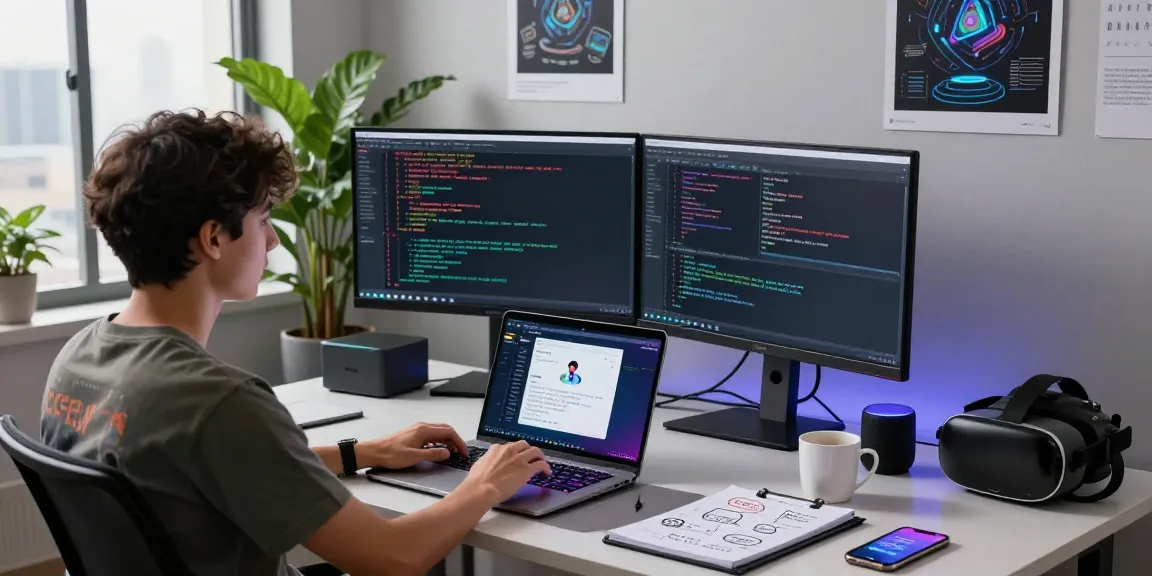 Dynamic workspace featuring crush ai development, showcasing vibrant coding environment with dual monitors and creative notes.