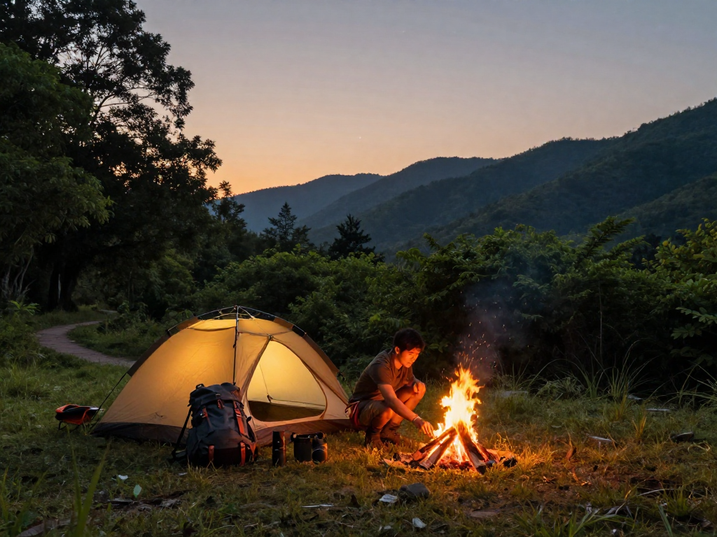 Enhance your rokok88 slot login experience with camping gear setup in a scenic forest.
