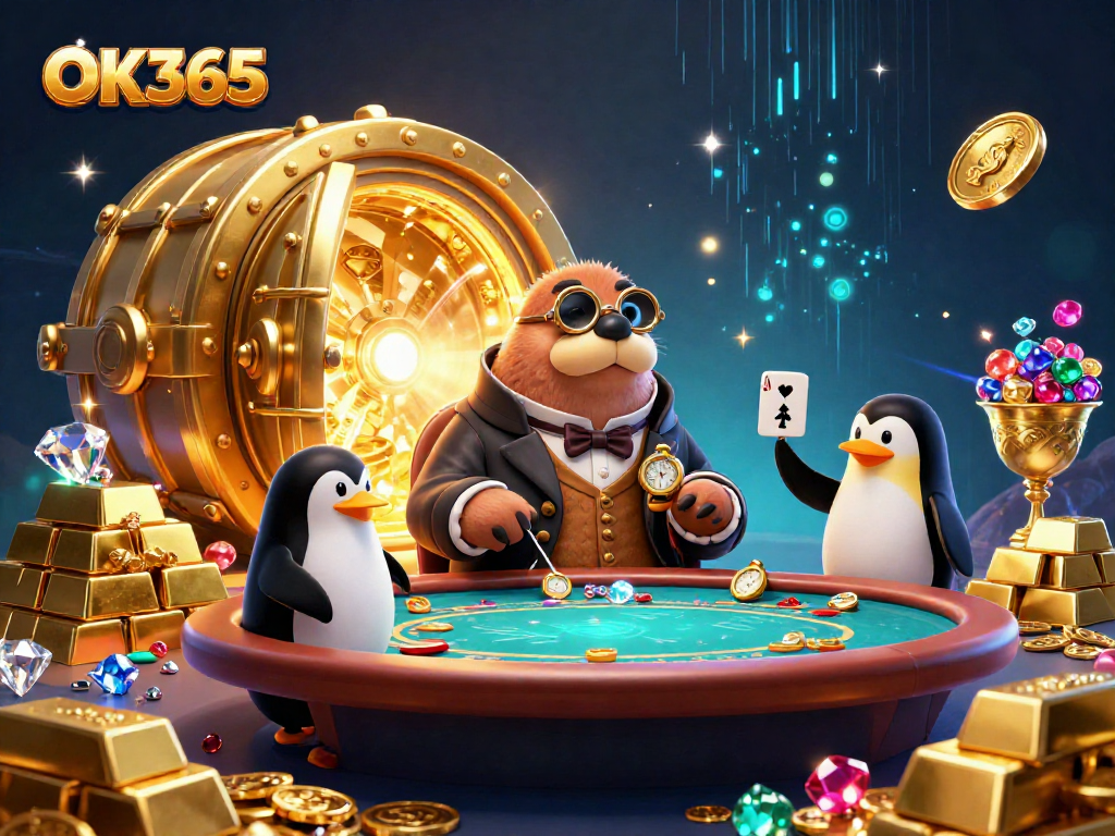 Experience the excitement of OK365 with a striking underwater poker scene featuring a walrus, penguin dealer, and pufferfish.