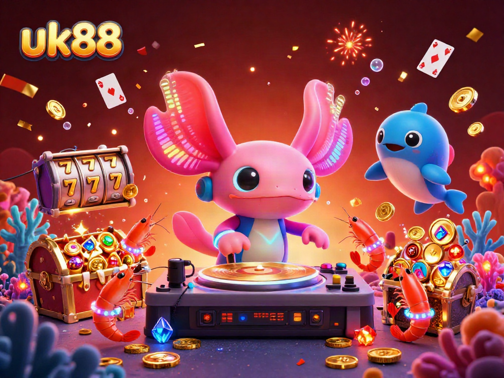 Experience gaming excitement with uk88's vibrant underwater casino scene, featuring an axolotl DJ.