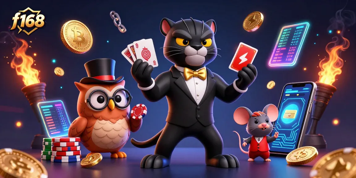 f168 showcases a stylish black panther dealing cards with poker chips, crypto coins, and a vibrant casino backdrop.