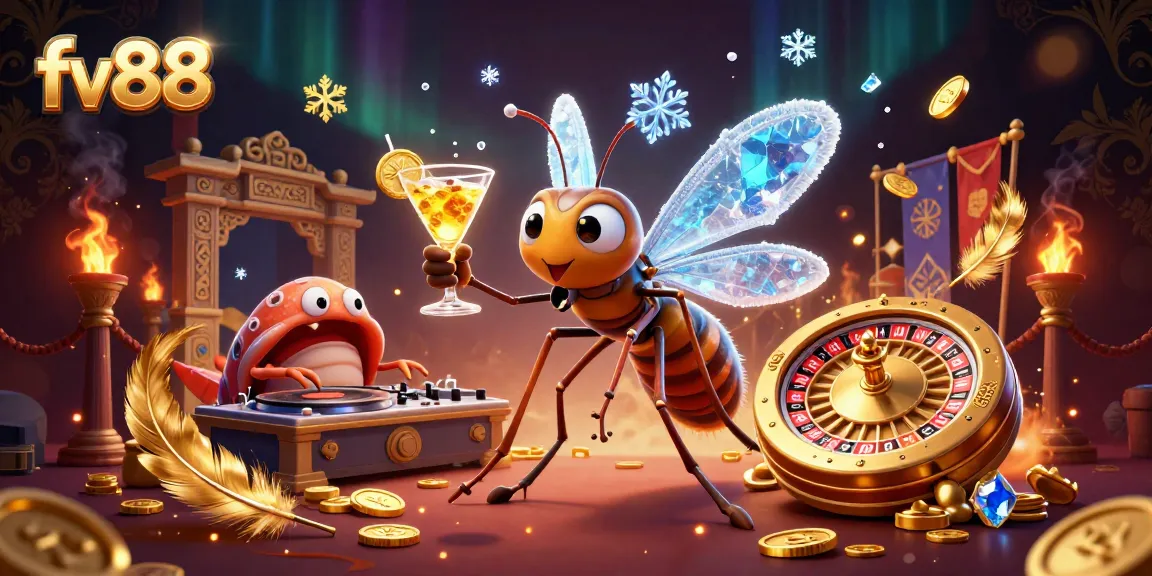 Fv88 engages gamblers with a vibrant casino scene showcasing a frozen mosquito mascot and intricate betting elements.
