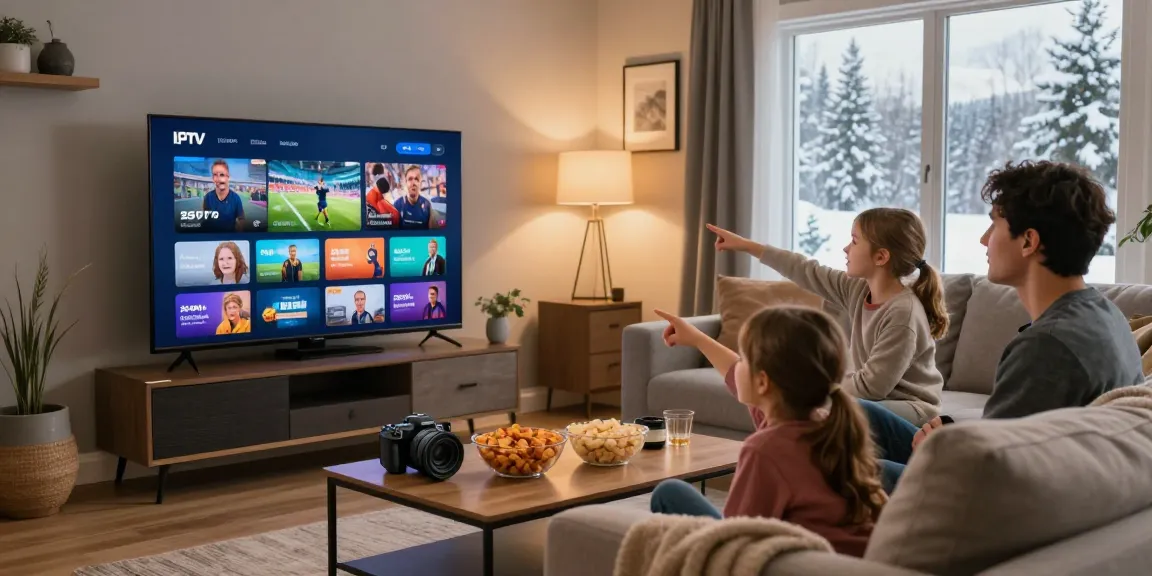 Family enjoying IPTV service in cozy living room with 25,000 channels and streaming device.