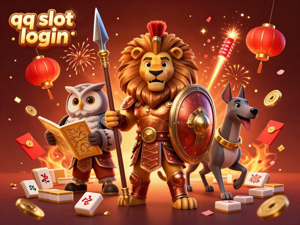 Engage with the excitement of qq slot login featuring a Spartan lion, tactical owl, and swift greyhound amidst vibrant gaming elements.