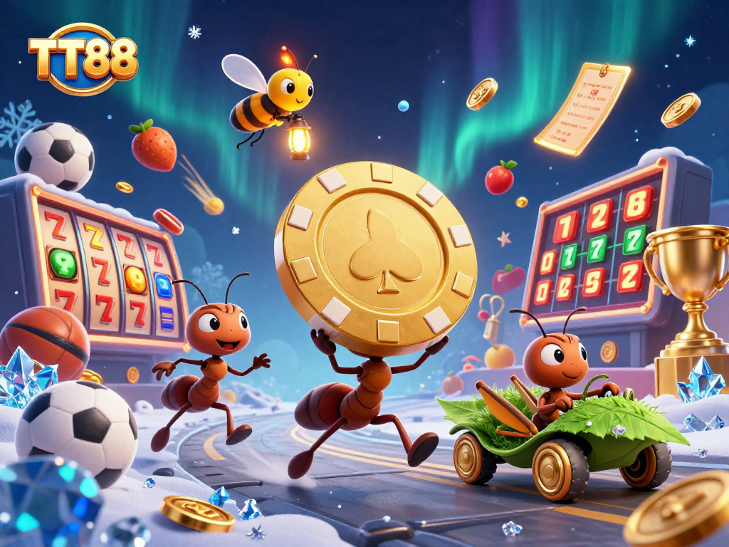 Experience the excitement of TT88 casino with a dynamic illustration of ants carrying a golden poker chip.