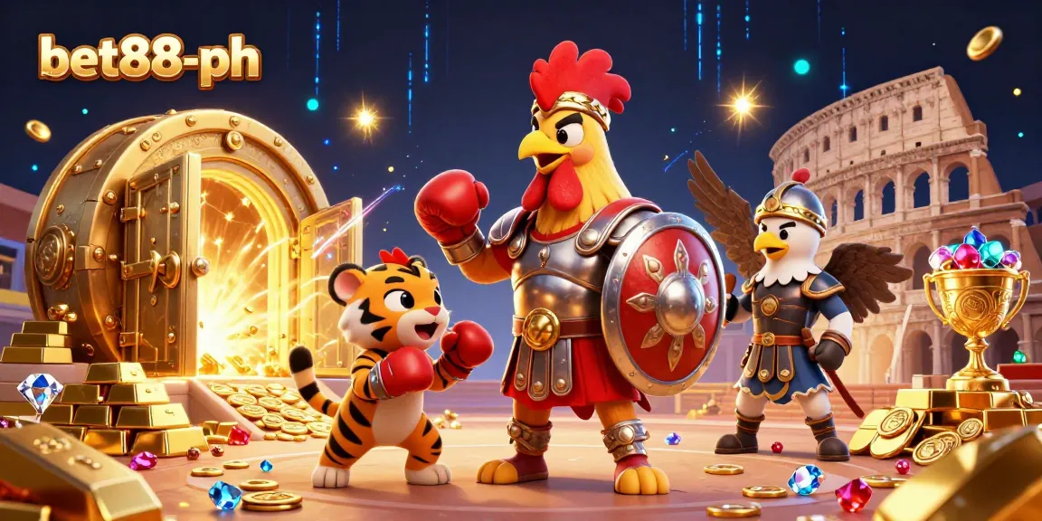 Bet88-ph showcases an exciting betting experience with a 3D gladiator rooster and vibrant casino elements.