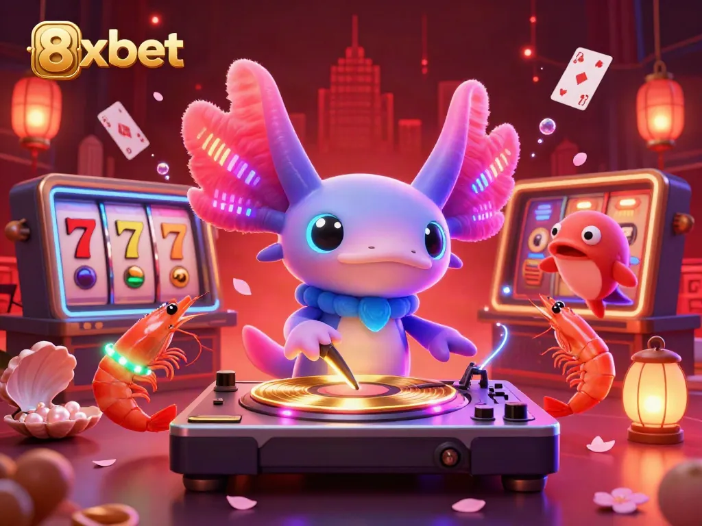 Experience the thrill of 8xbet with an underwater casino scene featuring a DJ axolotl, shrimp dancers, and casino elements.