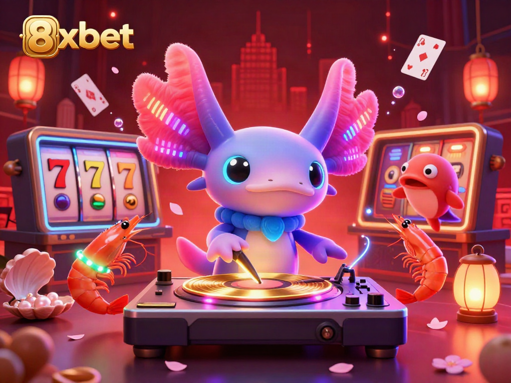 Experience the thrill of 8xbet with an underwater casino scene featuring a DJ axolotl, shrimp dancers, and casino elements.